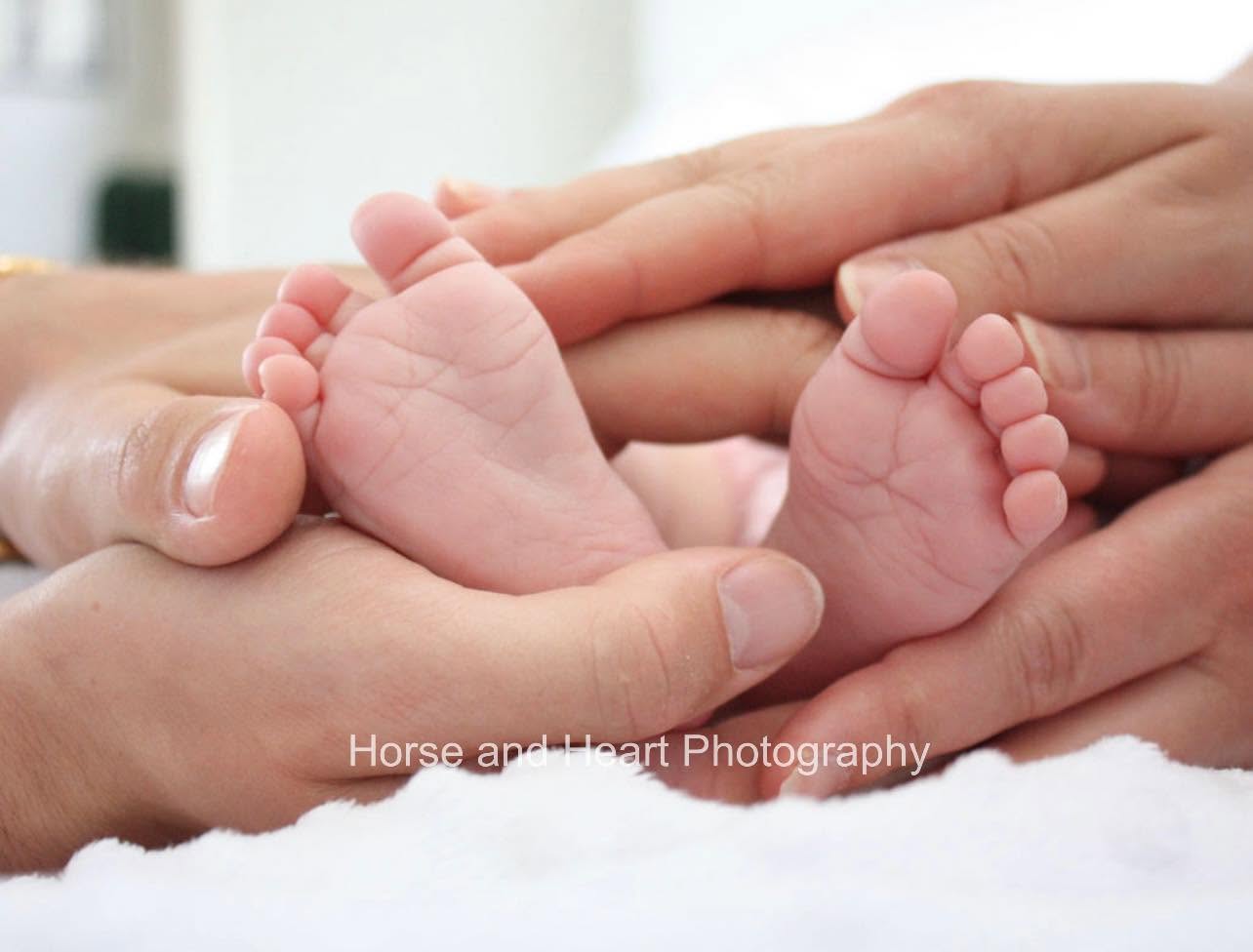 Two tiny newborn feet held gently in parents' hands